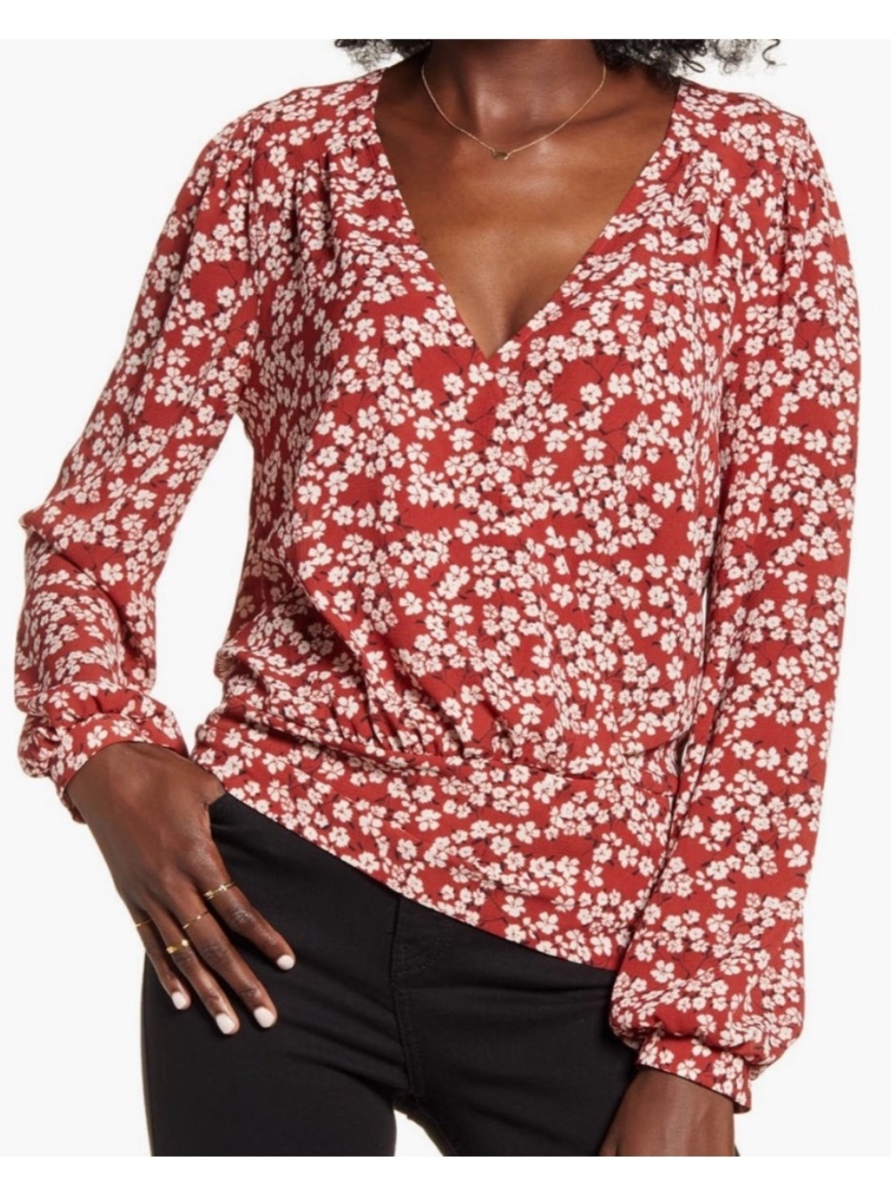 All in Favor Red Floral Smocked Waist Long-Sleeve Top